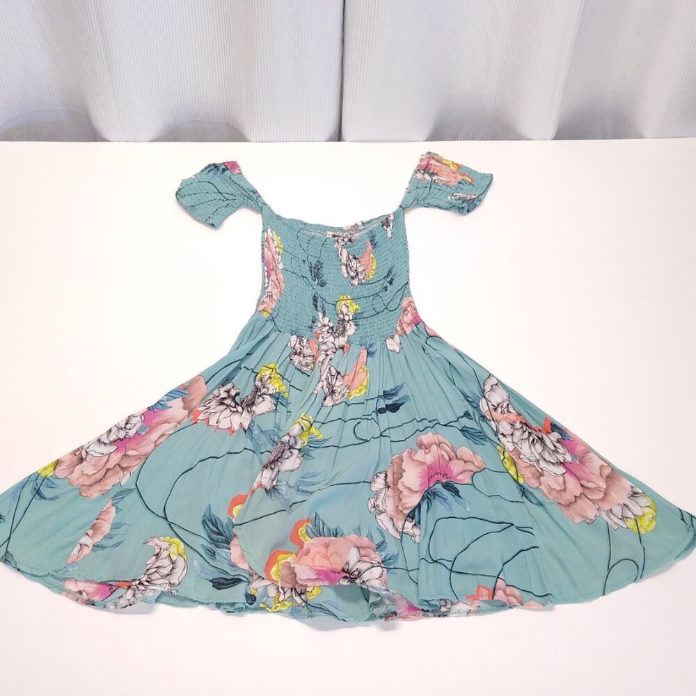 Jaase Floral Off Shoulder Flowing Dress Shirred Boho Teal Medium VGC - Picture 5 of 8